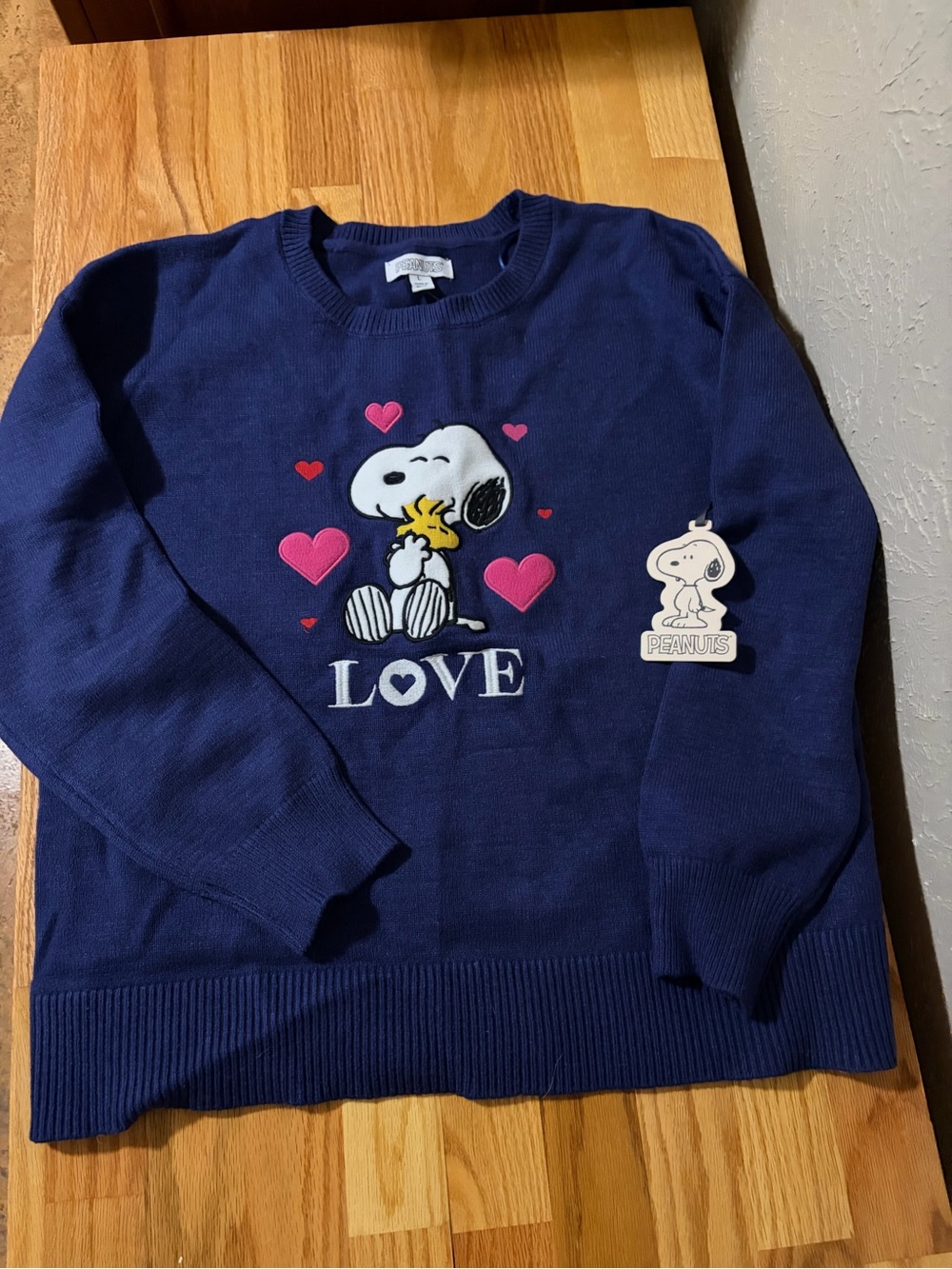 Navy Snoopy 'LOVE' Crewneck Sweater with Pink Hearts
